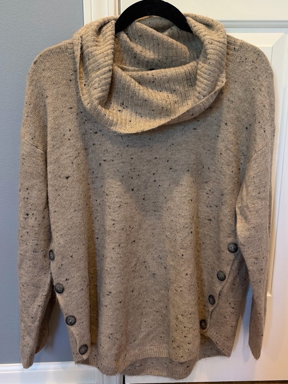 Speckled Taupe Cowl Neck Sweater with Side Button Detail